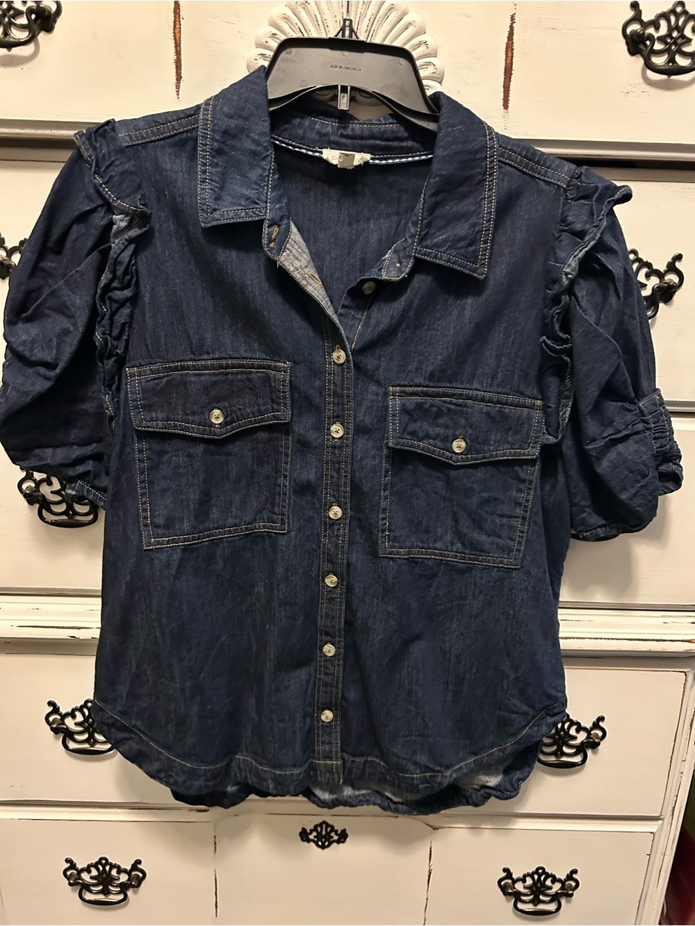 Pilcro Dark Blue Denim Button-Front Shirt with Puff Sleeves